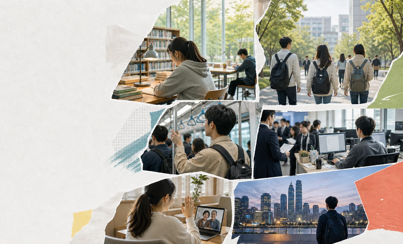 图书馆、校园、通勤、求职、家庭联系和城市生活组成的青年生活拼贴